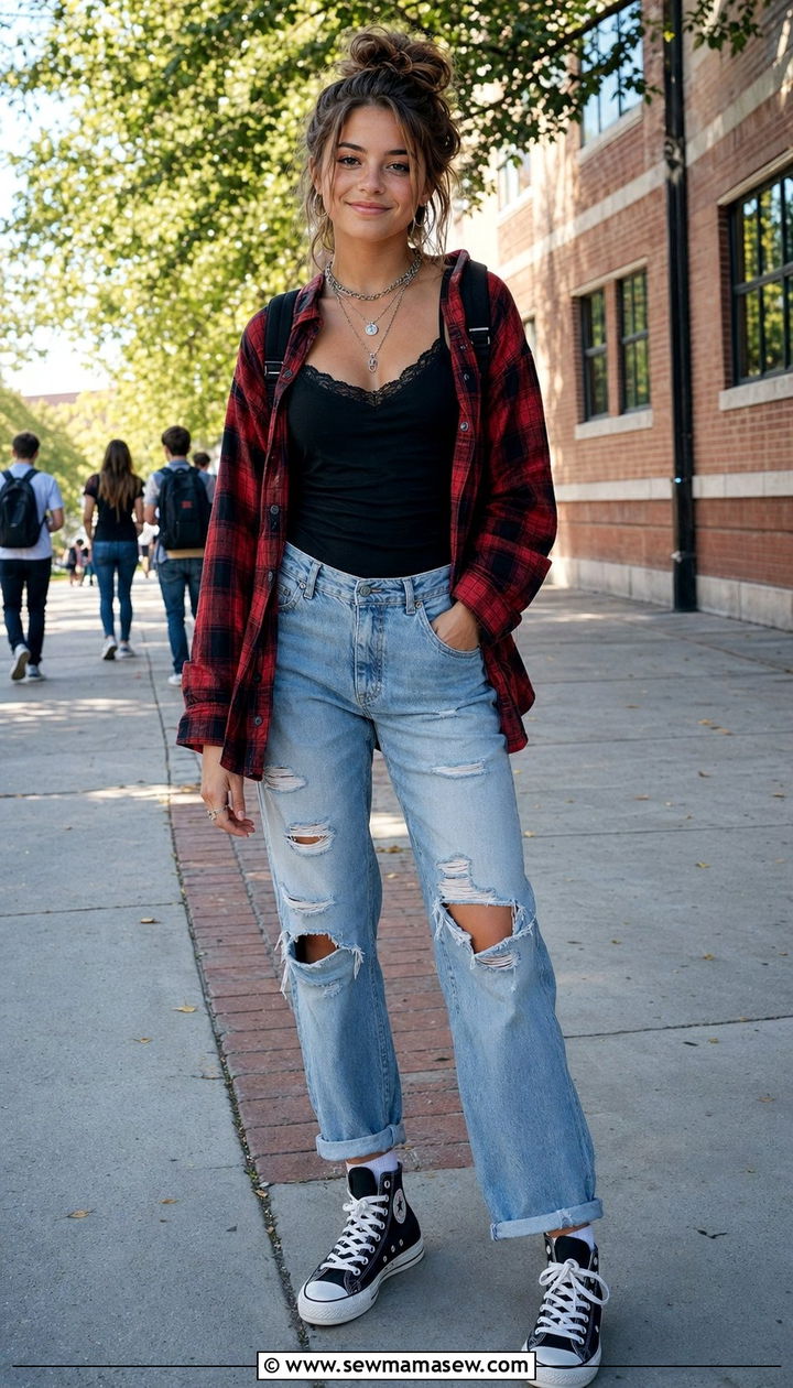 Boyfriend Jeans with a Cami and an Unbuttoned Flannel Shirt - 35 Back to school outfit ideas for teens 2026