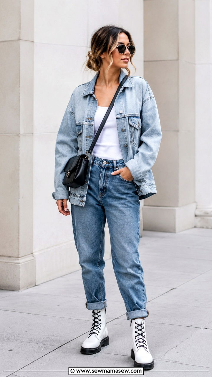 Boyfriend Jeans with a Denim Jacket and White Boots - 30 Spring outfits with boyfriend jeans