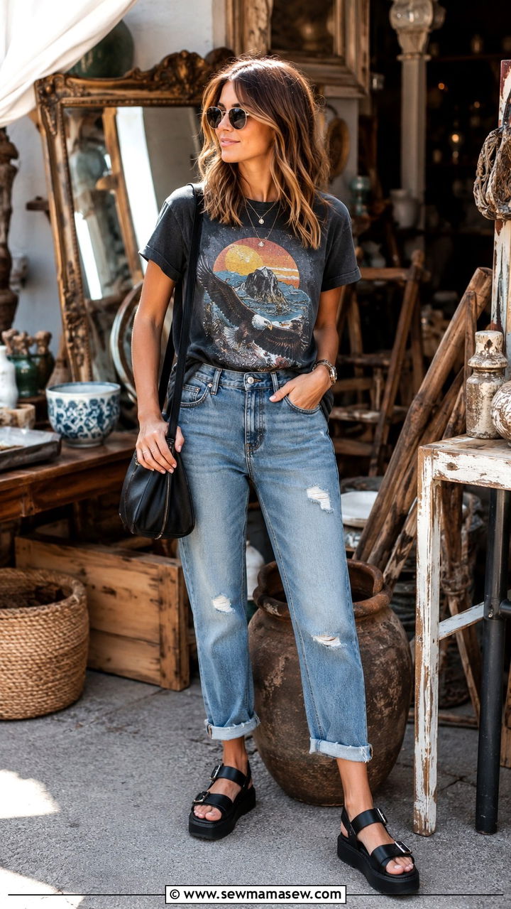 Boyfriend Jeans with a Graphic Tee and Platform Sandals - 30 Spring outfits with boyfriend jeans