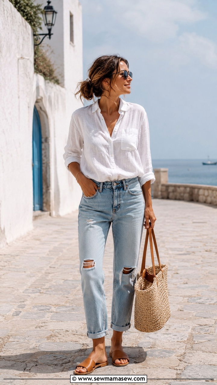Boyfriend Jeans with a Linen Shirt and Flat Sandals - 30 Spring outfits with boyfriend jeans