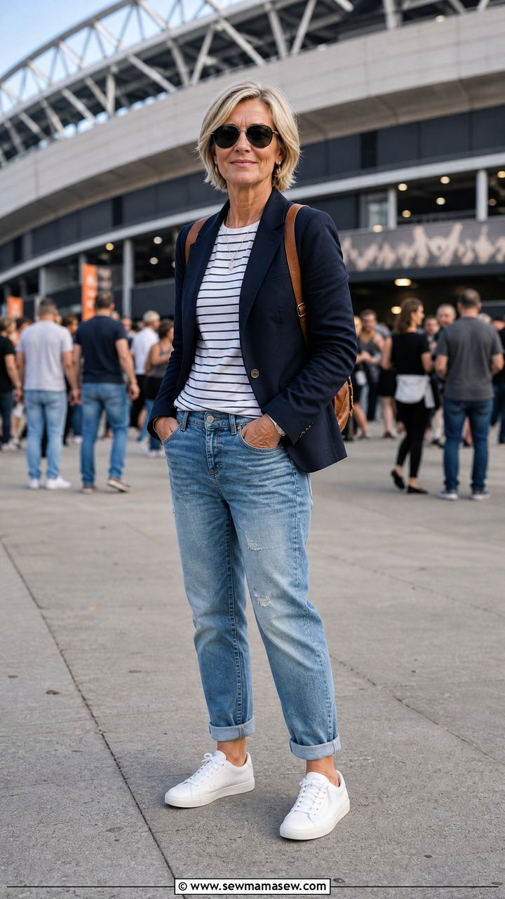 Boyfriend Jeans with a Structured Blazer and Sneakers - 30 Concert outfits for women over 50