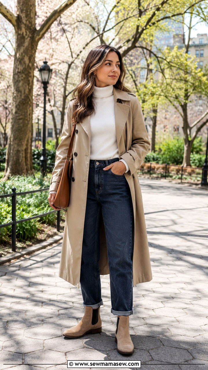 Boyfriend Jeans with a Trench Coat and Ankle Boots - 30 Spring outfits with boyfriend jeans