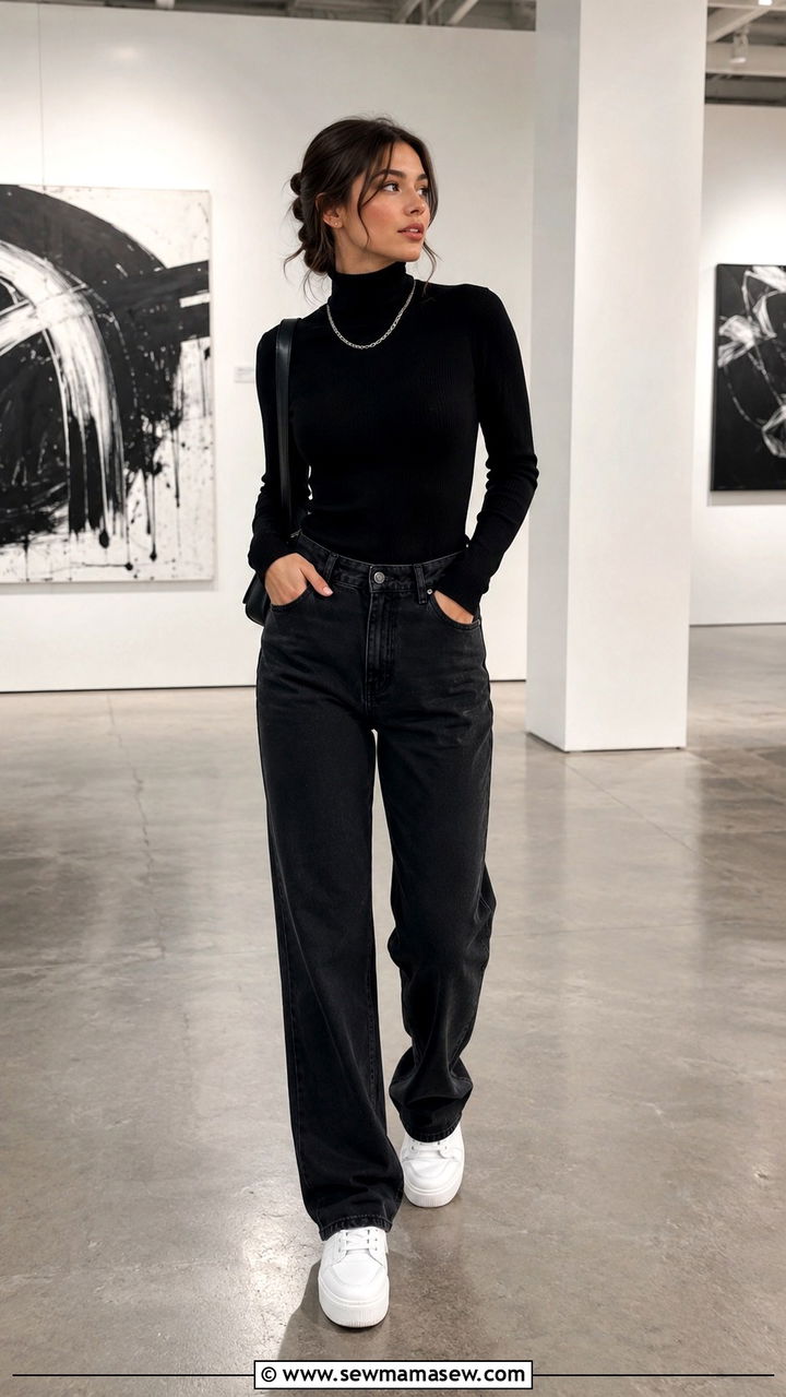 Boyfriend Jeans with a Turtleneck and Platform Sneakers - 30 Spring outfits with boyfriend jeans