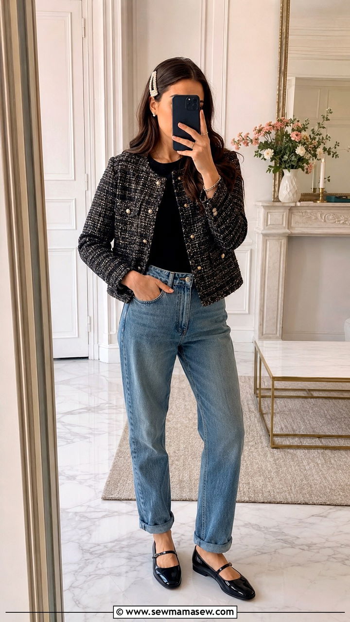 Boyfriend Jeans with a Tweed Jacket and Mary Janes - 30 Spring outfits with boyfriend jeans