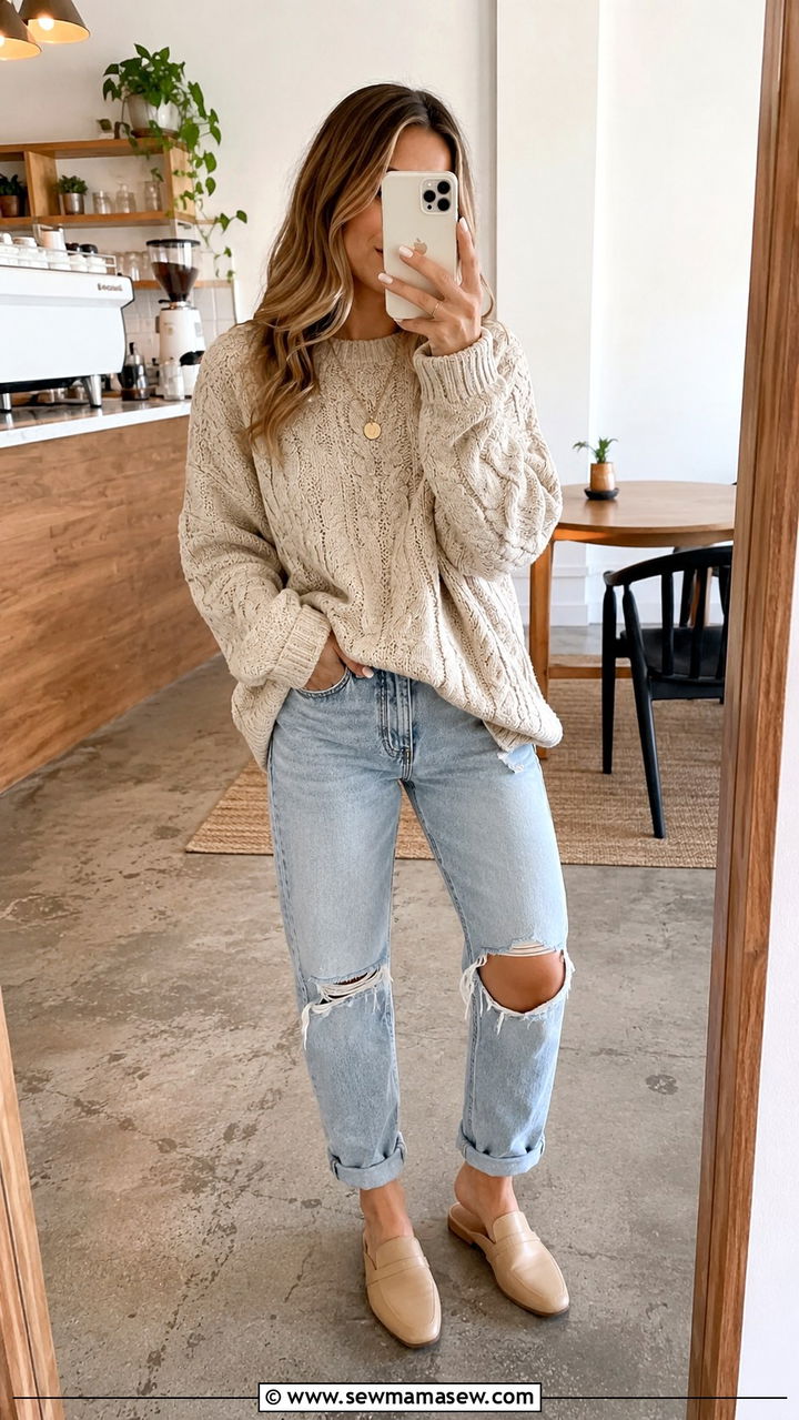 Boyfriend Jeans with an Oversized Sweater and Mules - 30 Spring outfits with boyfriend jeans