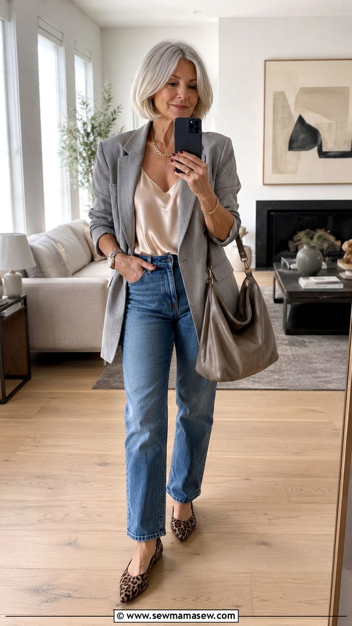 Boyfriend blazer with camisole and jeans - 20 How to style a blazer over 60
