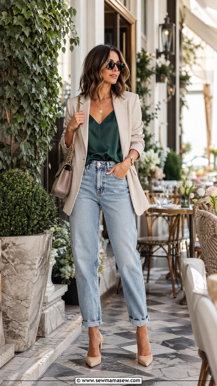 Boyfriend jeans with a silk camisole and a tailored blazer - 35 Elevated brunch outfit ideas