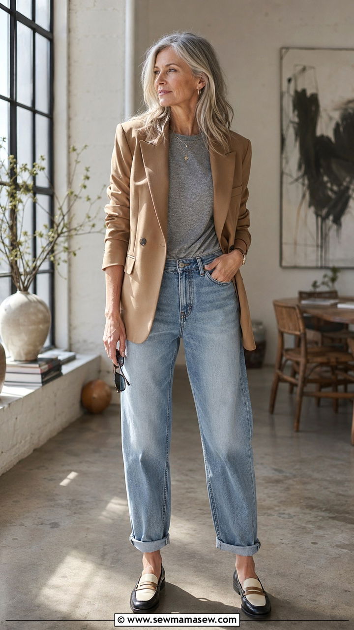 Boyfriend jeans with a structured blazer for tall women over 50 - 30 Tall outfits for women over 50