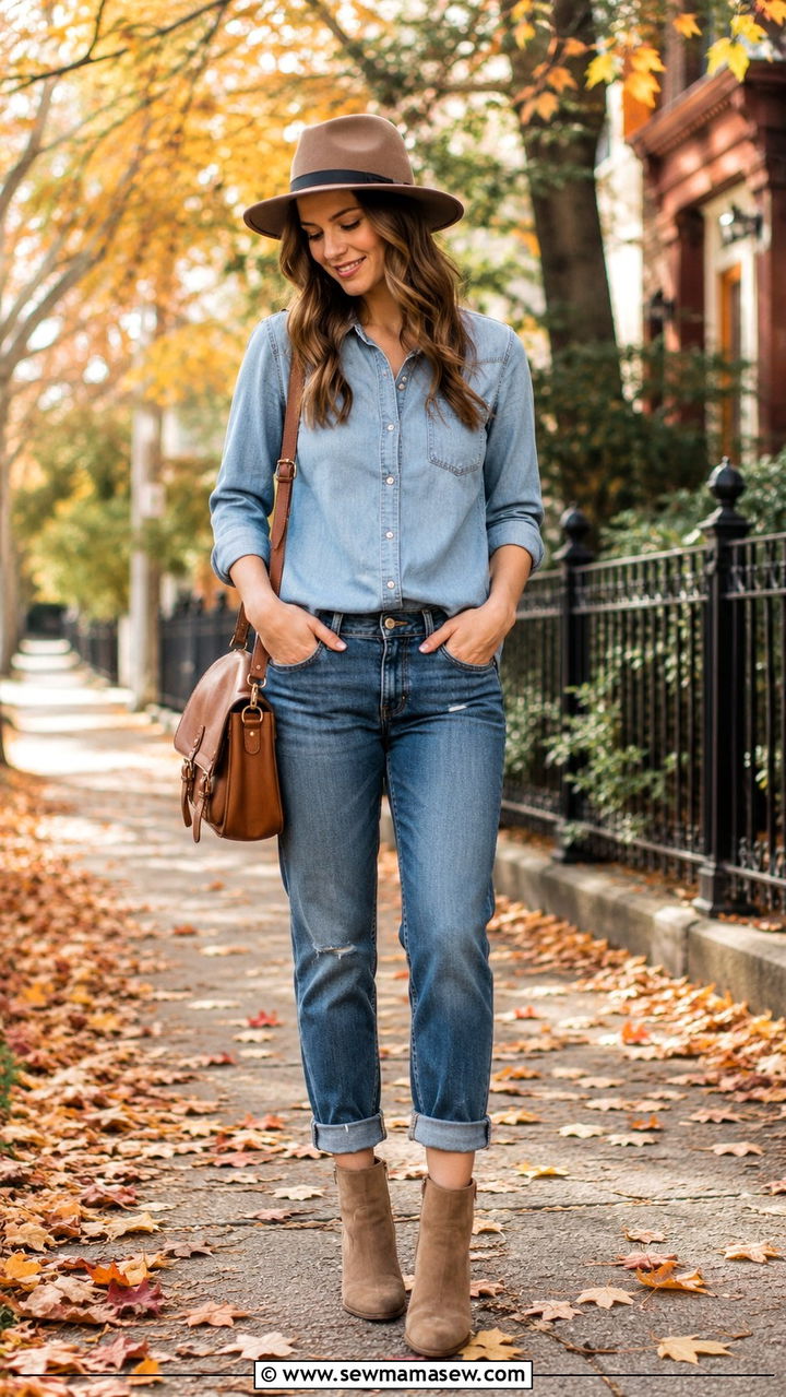 Boyfriend jeans with button down and ankle boots outfit - 25 Boyfriend jeans outfit ideas with a button down