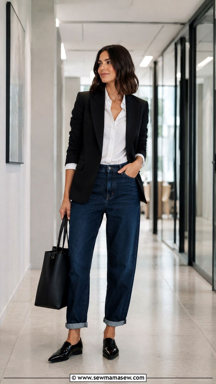 Boyfriend jeans with button down and blazer outfit - 25 Boyfriend jeans outfit ideas with a button down