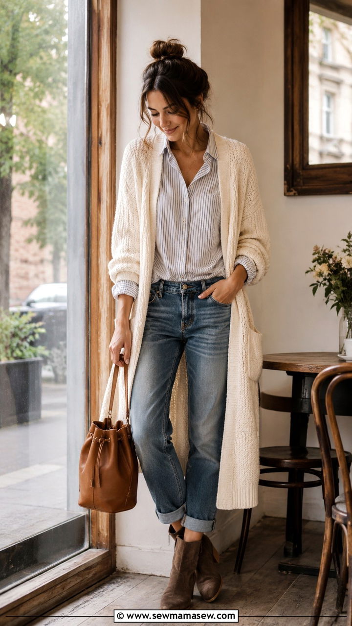 Boyfriend jeans with button down and cardigan outfit - 25 Boyfriend jeans outfit ideas with a button down