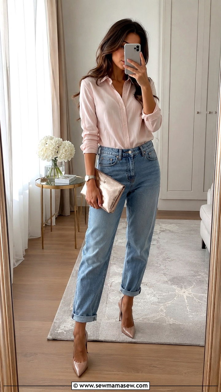 Boyfriend jeans with button down and heels outfit - 25 Boyfriend jeans outfit ideas with a button down