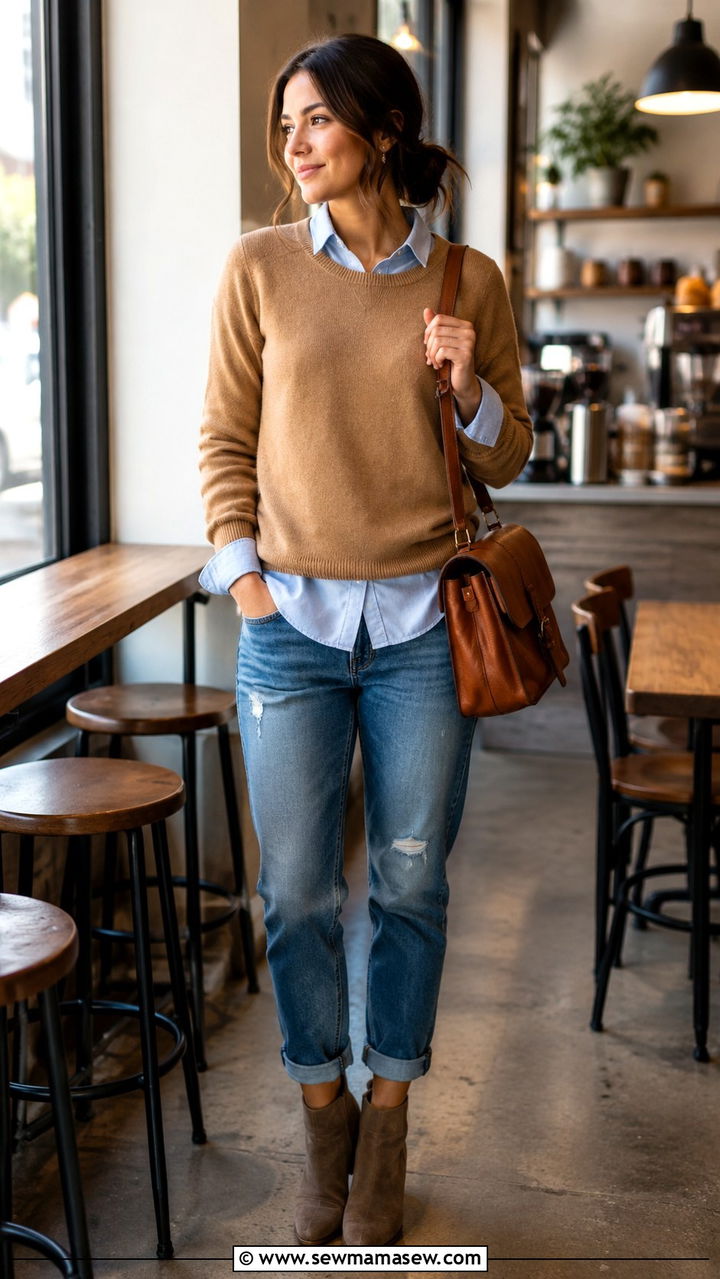 Boyfriend jeans with button down layered under sweater outfit - 25 Boyfriend jeans outfit ideas with a button down