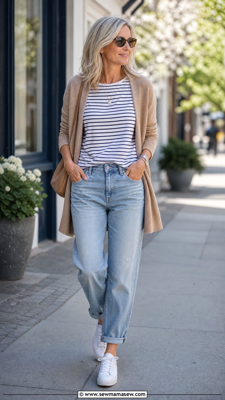Boyfriend jeans with low top sneakers outfit - 35 Jeans and sneakers outfit ideas over 50