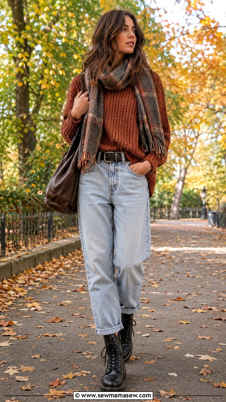 Boyfriend jeans with sweater and combat boots - 30 Tall women jeans outfit ideas