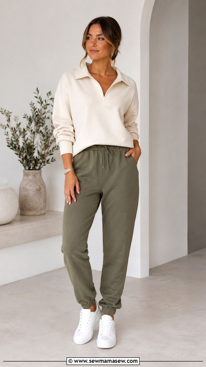 Boyfriend joggers with collared pullover - 30 Loungewear outfit ideas for weekend