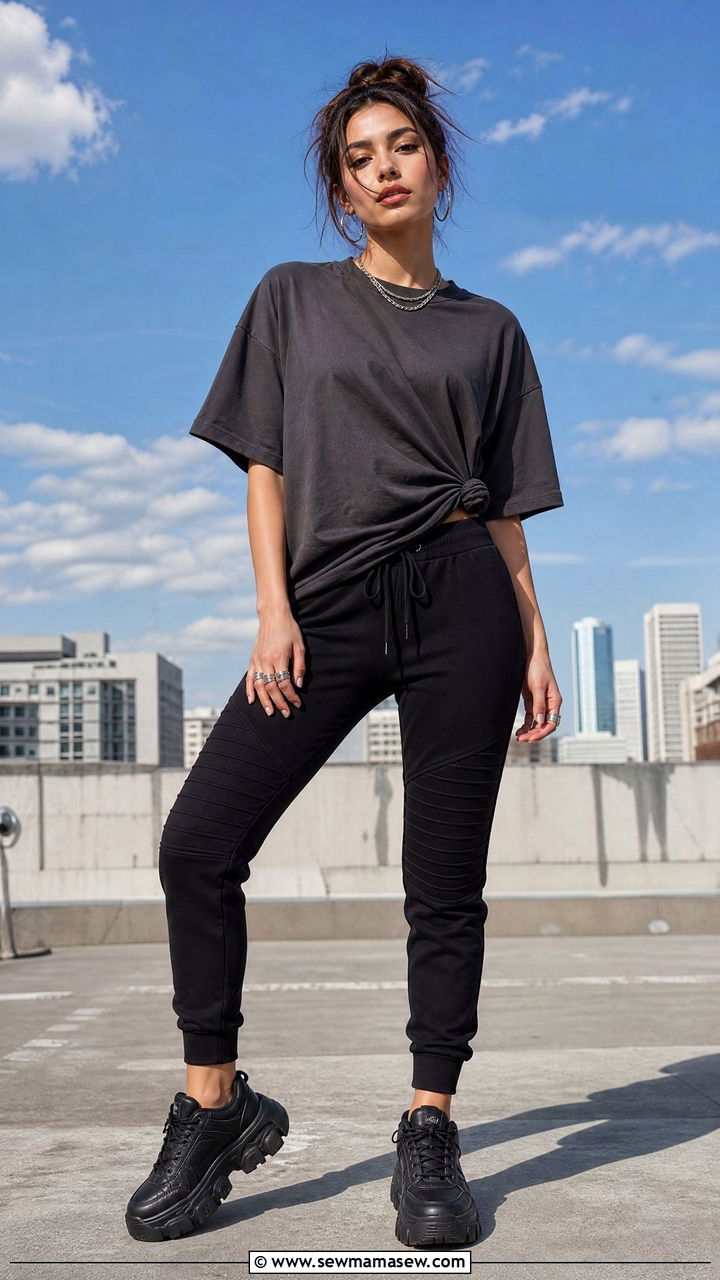 Boyfriend tee with biker joggers - 30 Summer outfits with joggers
