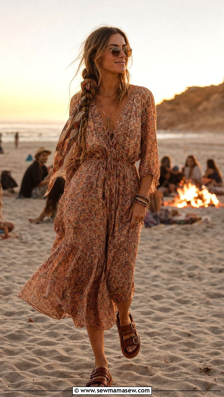 Braided Hair Scarf With Bohemian Dress Outfit - 25 summer outfits with hair scarf