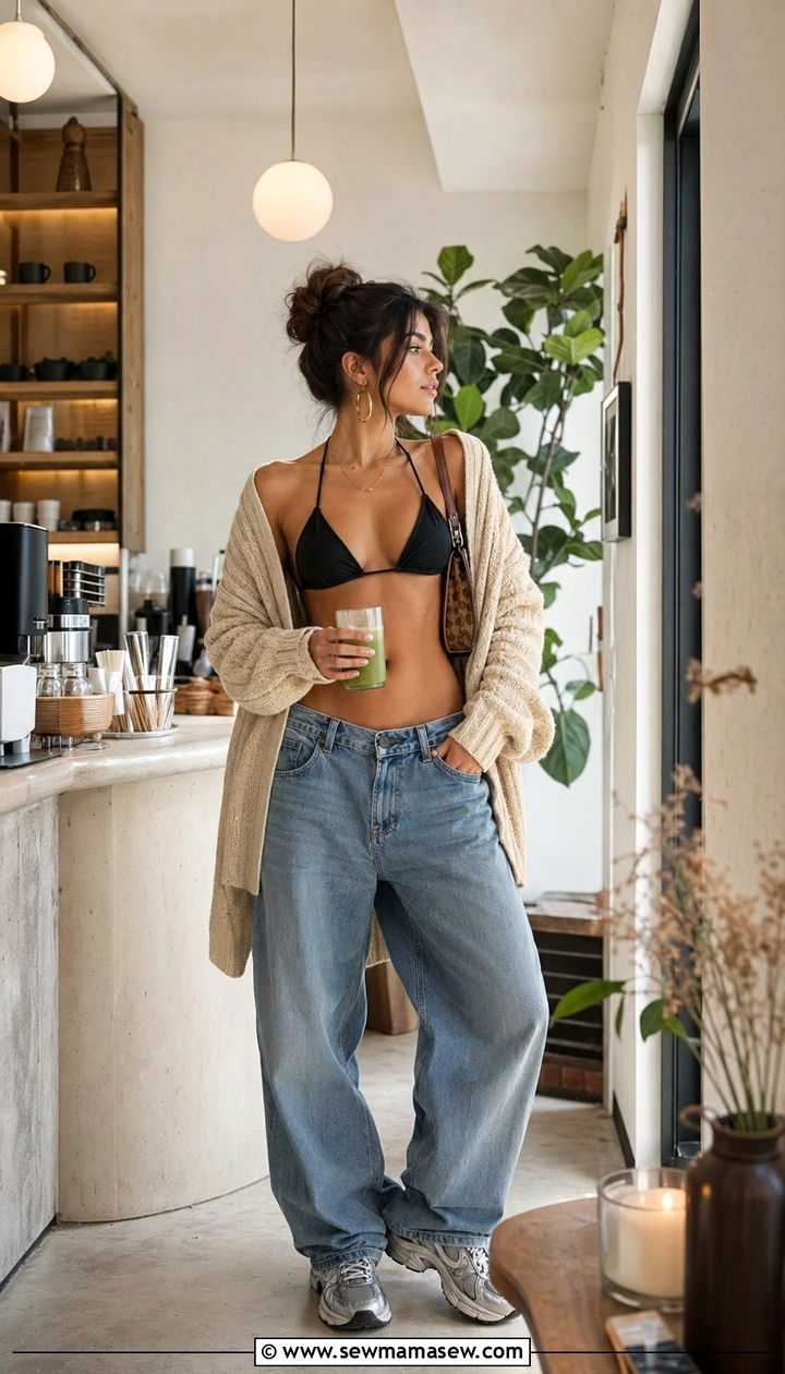 Bralette With Cardigan And Baggy Jeans - 30 Y2K outfits ideas