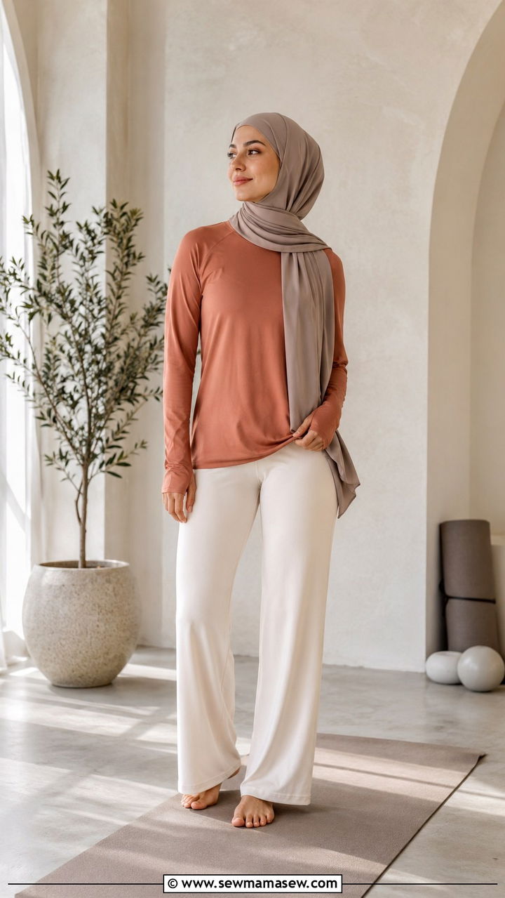 Breathable Long Sleeve Top with Wide Leg Pants - 25 Modest gym outfit ideas with hijab