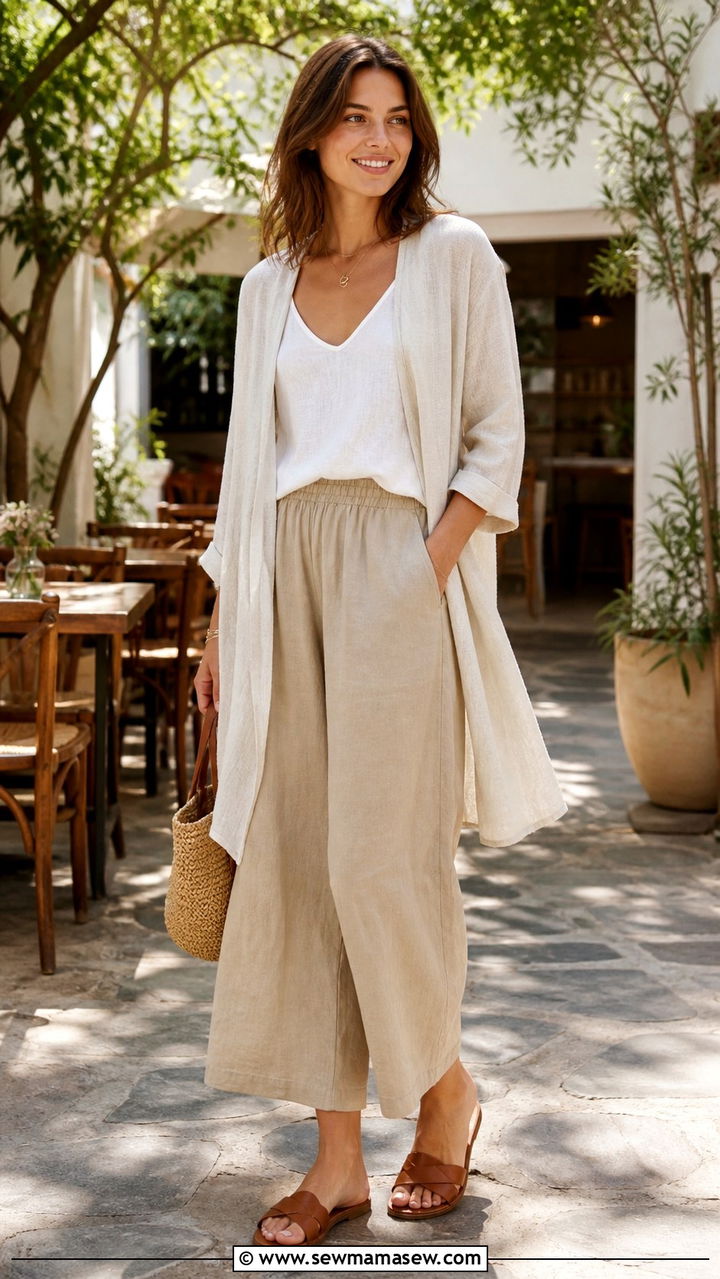 Breezy Cardigan with Culottes and Flat Sandals - 40 casual cardigan outfits