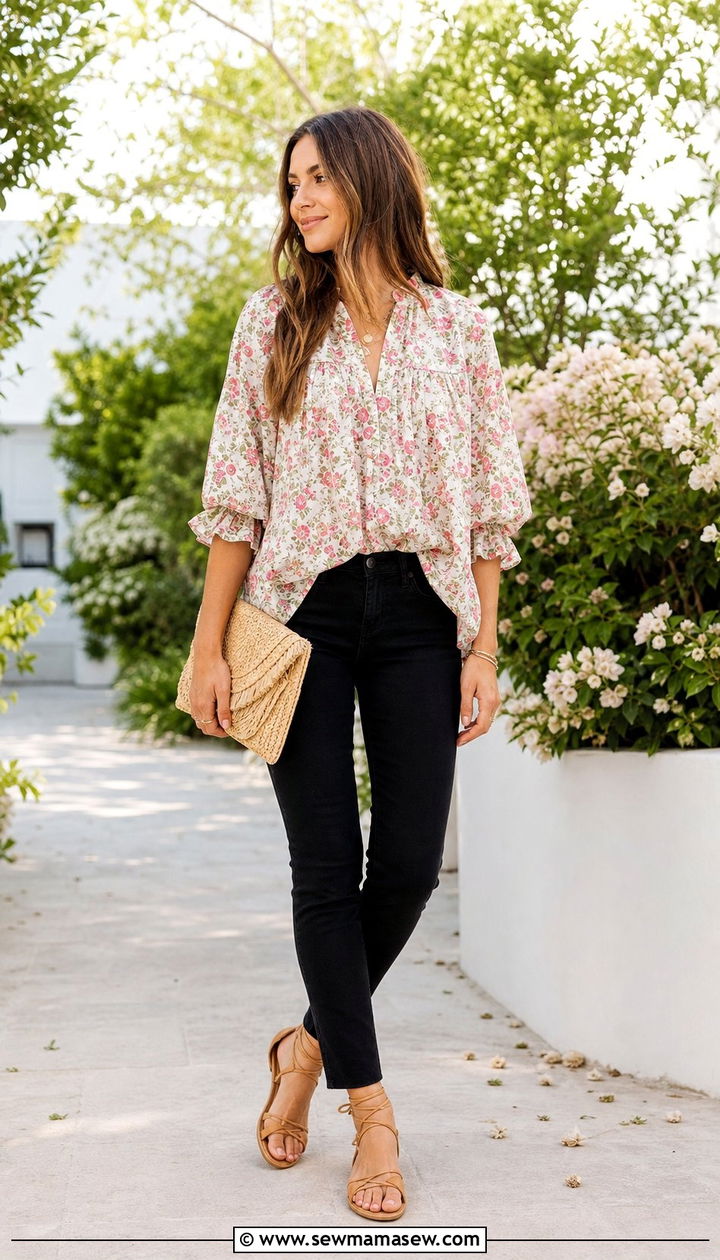 Breezy Cotton Blouse with Black Jeans and Ankle Tie Sandals - 25 Summer outfits with black jeans