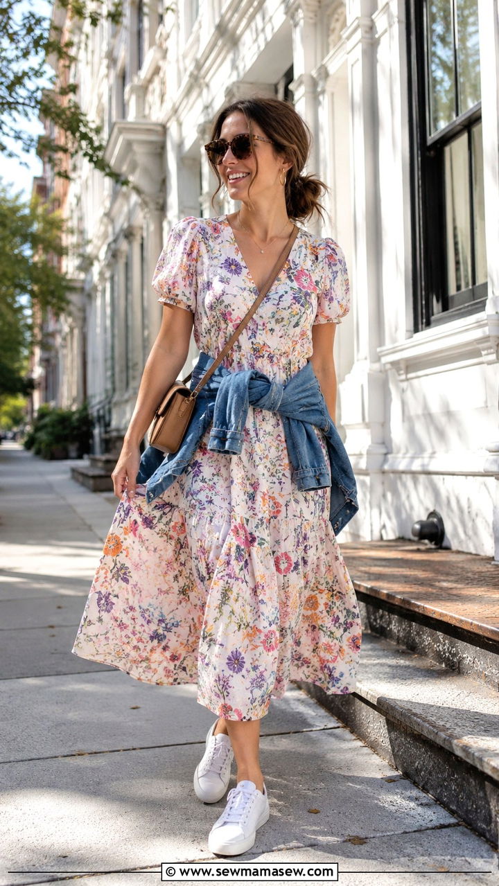 Breezy Cotton Midi Dress With Clean Sneakers - 20 Summer outfits for 45 degree weather