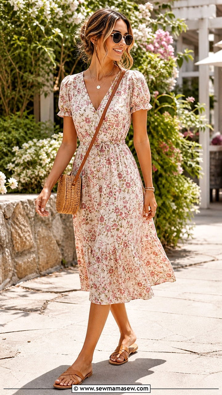 Breezy Floral Midi Dress With Flat Sandals - 40 Mother's Day outfit ideas