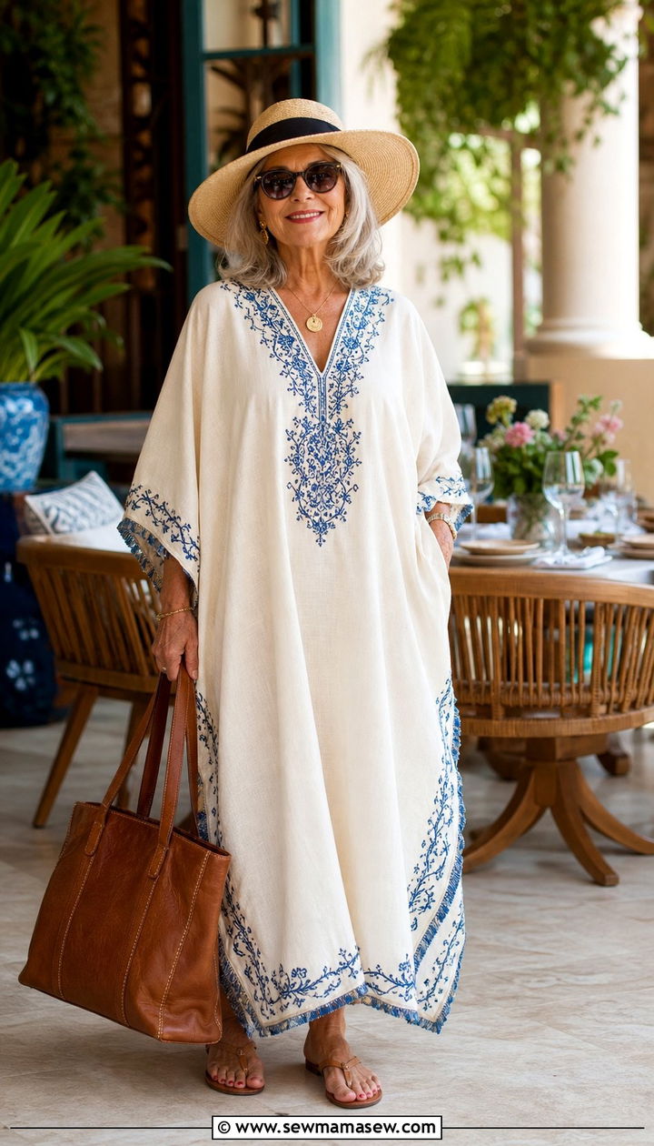 Breezy Kaftan With Embroidered Detail And Sandals - 35 Brunch outfits for women over 60