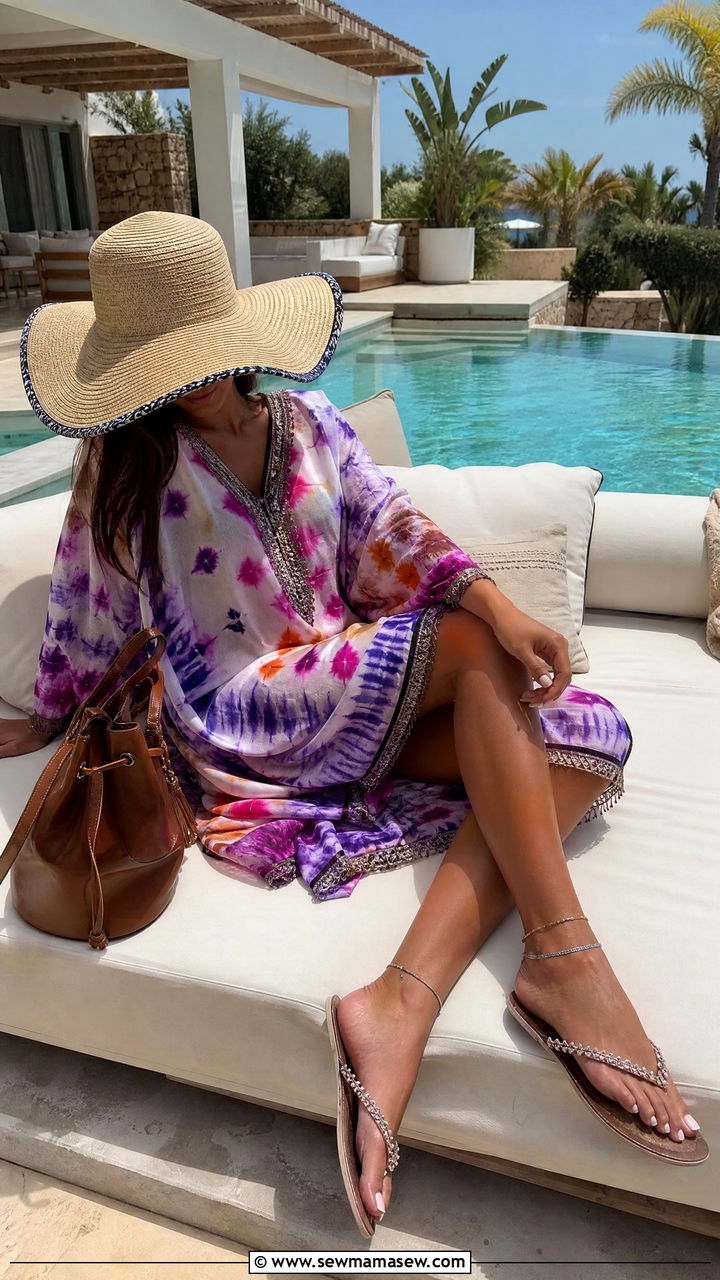Breezy Kaftan With Jeweled Flip Flops - 35 Ibiza vacation outfit ideas