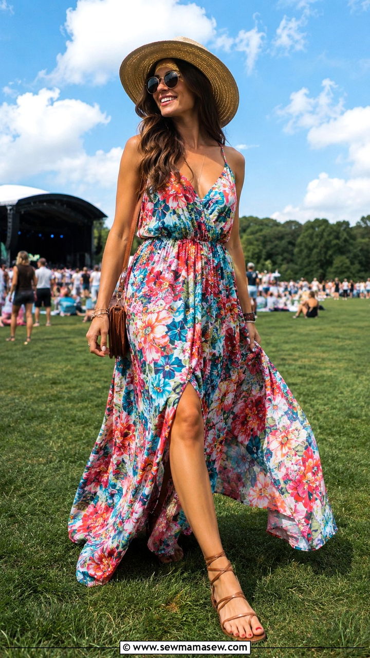Breezy Maxi Dress With Strappy Sandals Summer Concert Outfit - 25 seasonal concert outfit ideas