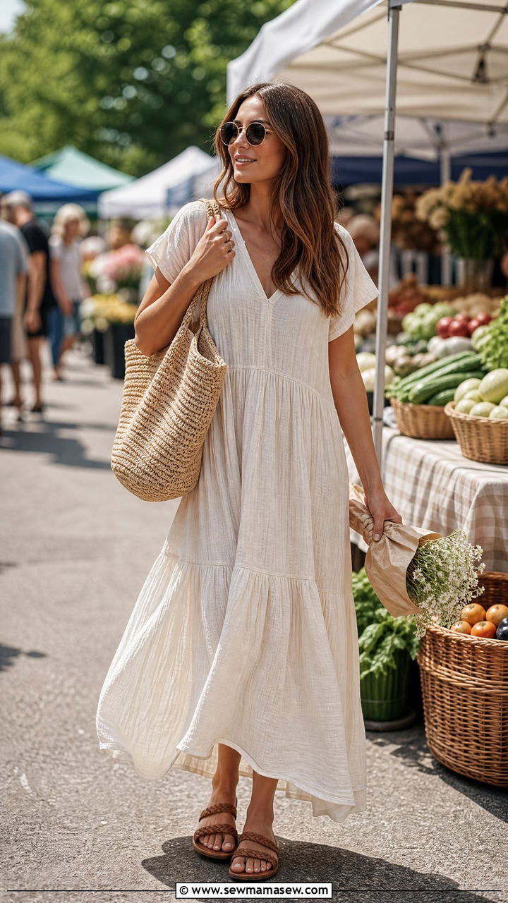 Breezy Maxi Dress with Flat Sandals and a Woven Tote Outfit - 30 Farmers market outfit ideas