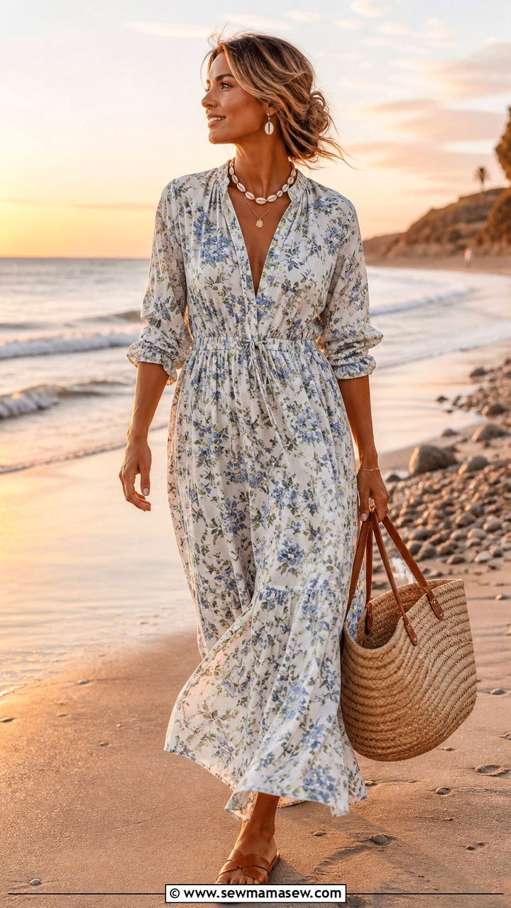 Breezy Maxi Dress with Raffia Tote and Sandals Outfit - 40 coastal grandmother outfits