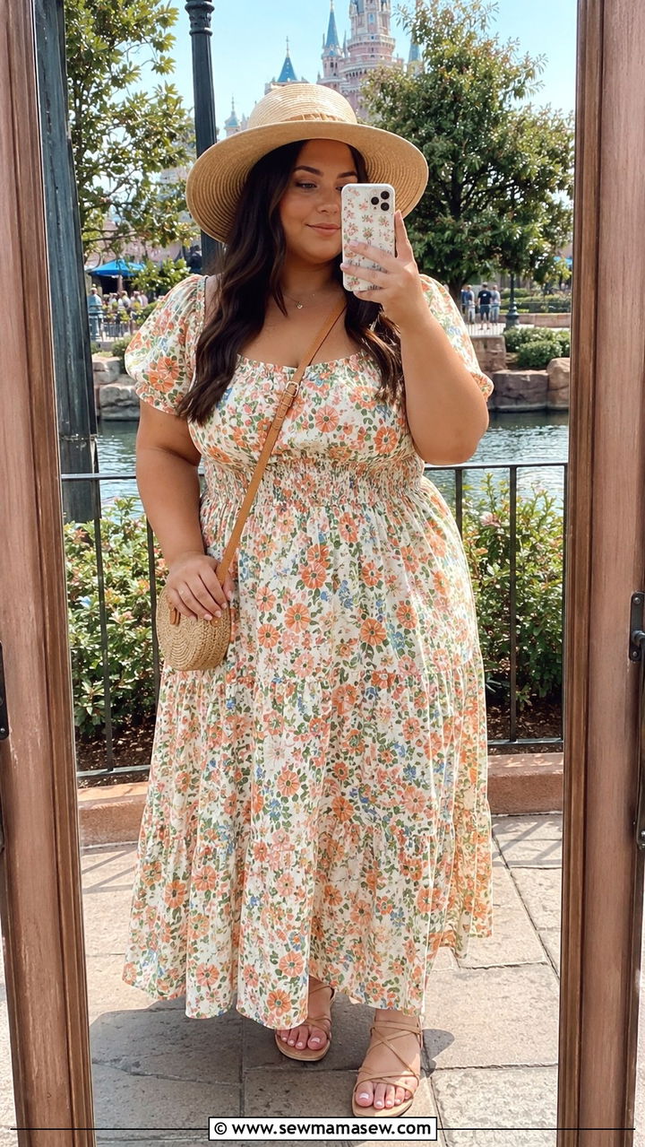 Breezy Maxi Dress with Strappy Flat Sandals - 30 Plus size theme park outfit ideas