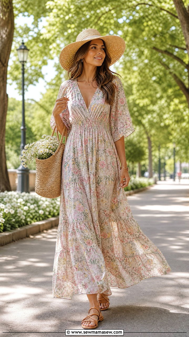 Breezy Maxi Dress with Wide Brim Hat - 30 summer picnic outfit ideas