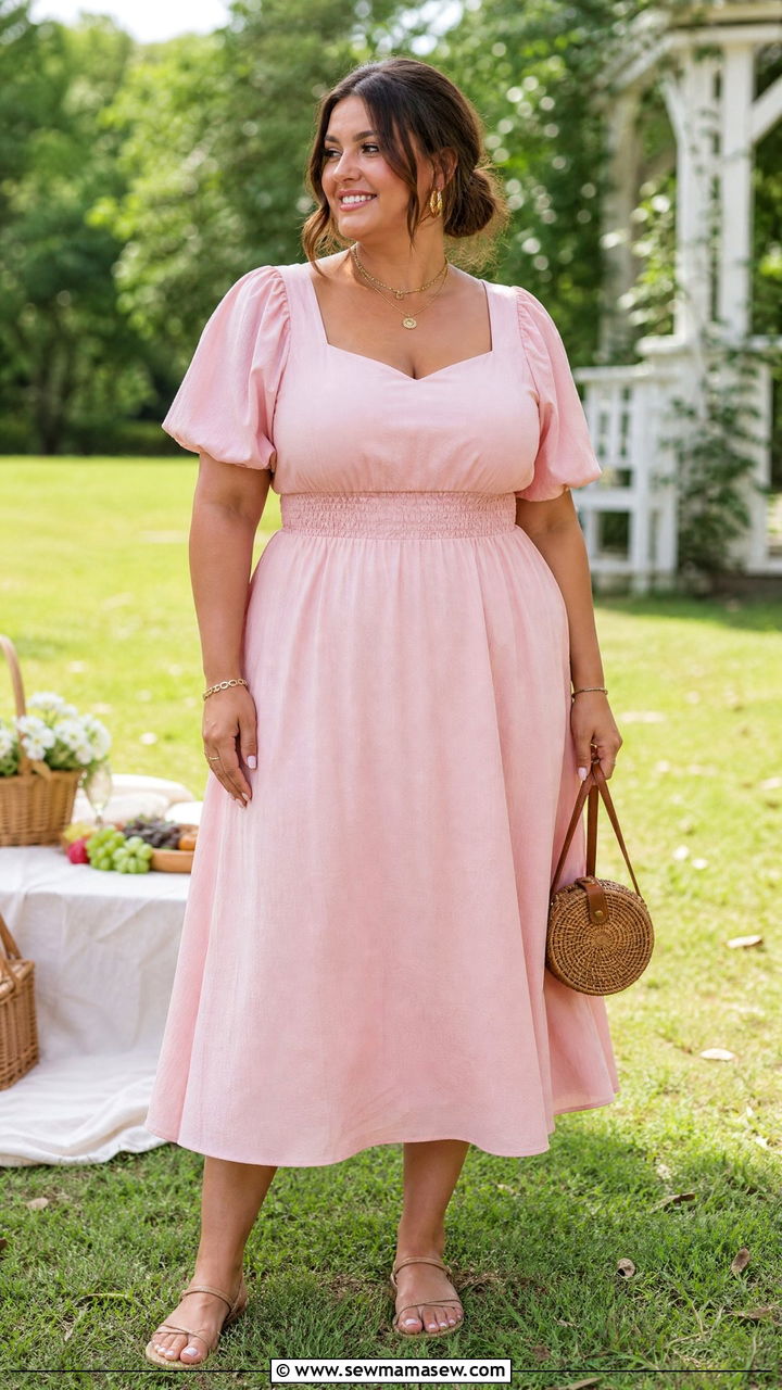 Breezy Midi Dress with Puff Sleeves - 30 Summer outfits for plus size
