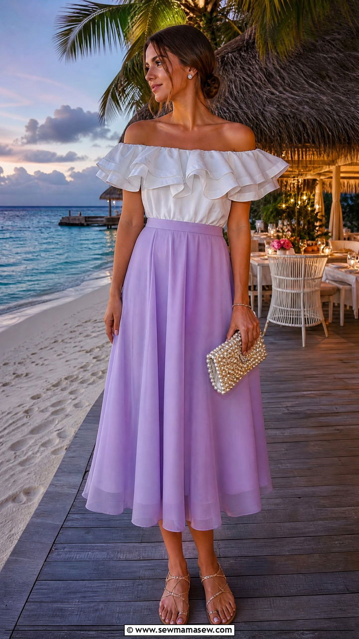 Breezy Off Shoulder Top With High Waisted Midi Skirt - 35 Maldives vacation outfit ideas