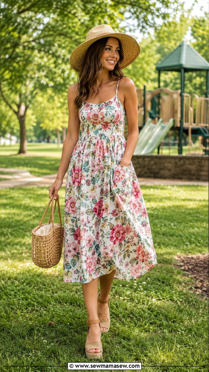 Breezy Sundress with Comfortable Espadrille Wedges - 25 Playground outfit ideas for moms