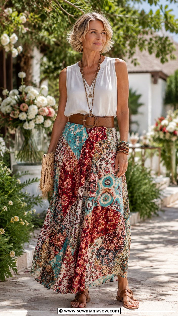 Breezy White Blouse and Patterned Maxi Skirt - 30 boho chic outfit ideas for women over 40