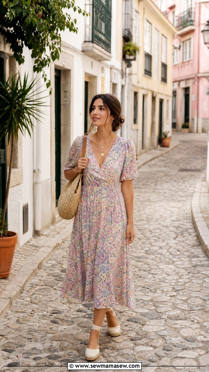 Breezy floral midi dress and espadrilles Lisbon outfit - 40 Lisbon outfit ideas