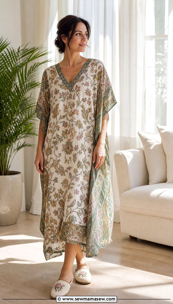 Breezy kaftan with slippers - 25 Summer at home outfit ideas