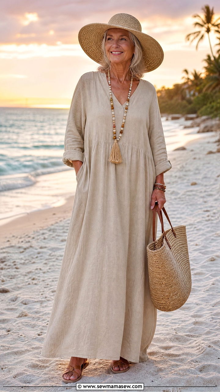 Breezy maxi dress and straw hat outfit - 30 Coastal grandmother outfits for women over 60