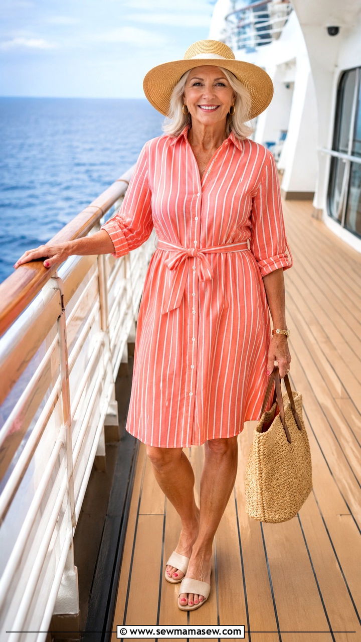 Breezy shirt dress with a straw hat and flat sandals for a cruise - 30 Plus size outfit ideas for women over 60