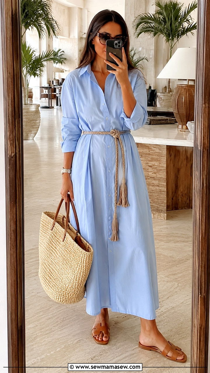 Breezy shirt dress with leather slides - 30 classy resort outfits