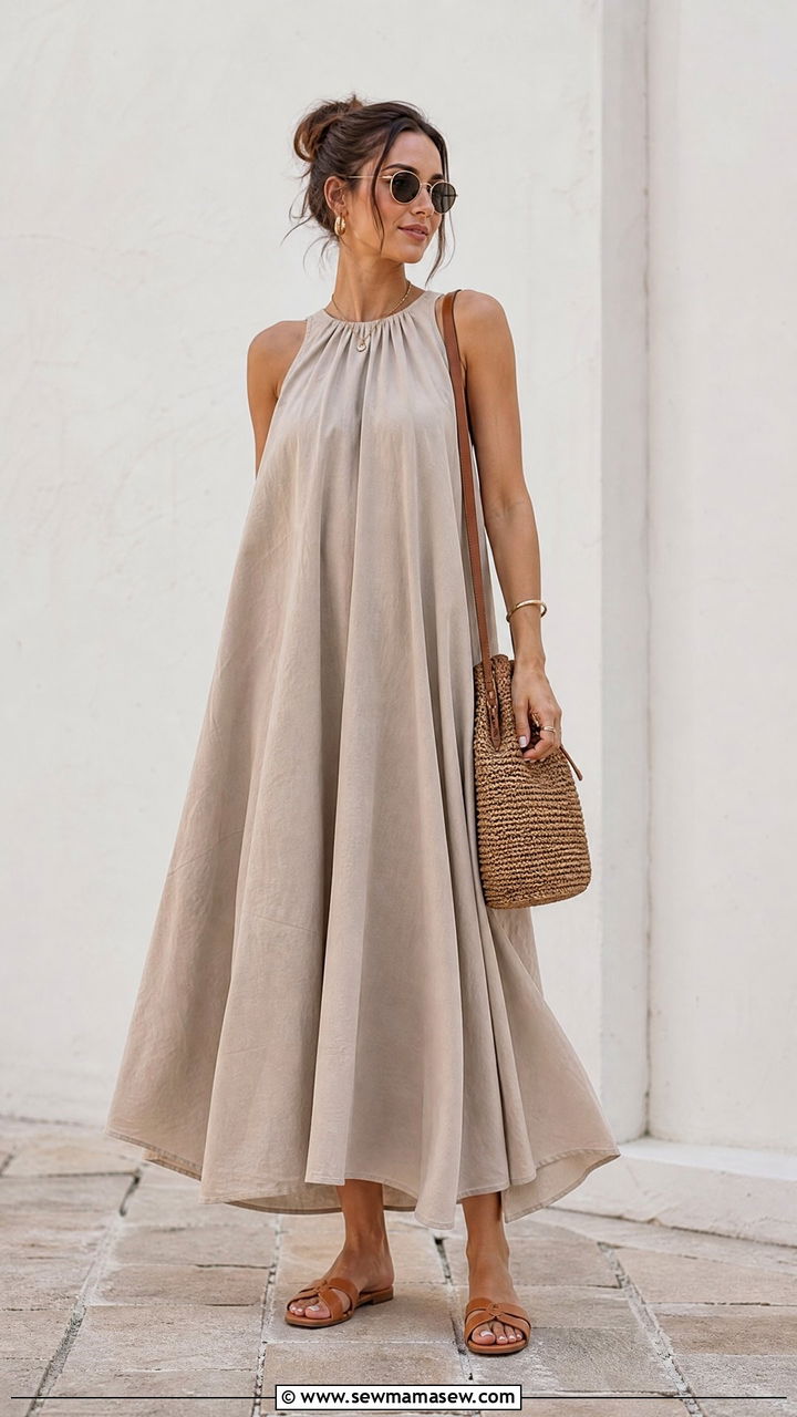 Breezy tent dress with flat sandals city break outfit - 30 summer city break outfit ideas