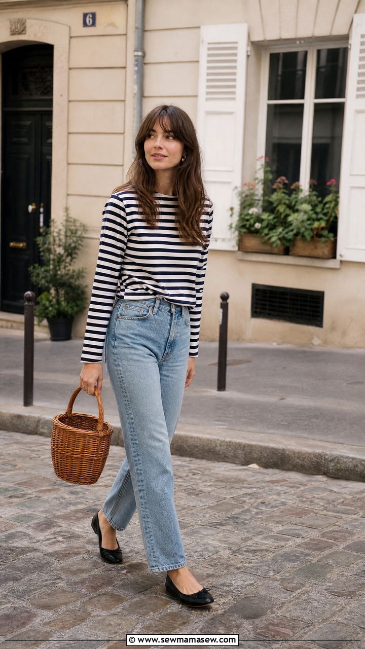 Breton Stripe Shirt and Jeans Outfit French Style - 25 French girl outfit ideas Jane Birkin
