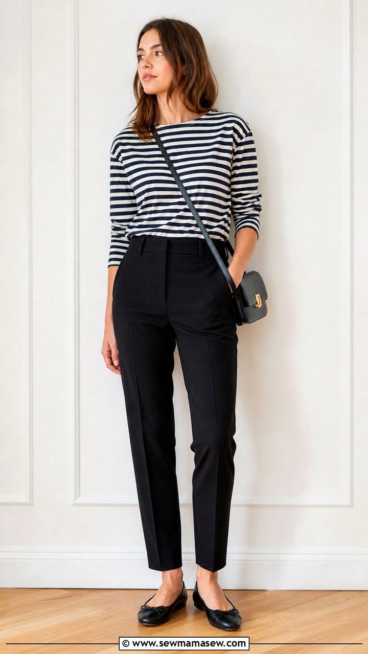 Breton Stripe Shirt with Tailored Trousers - 40 parisian outfits for women