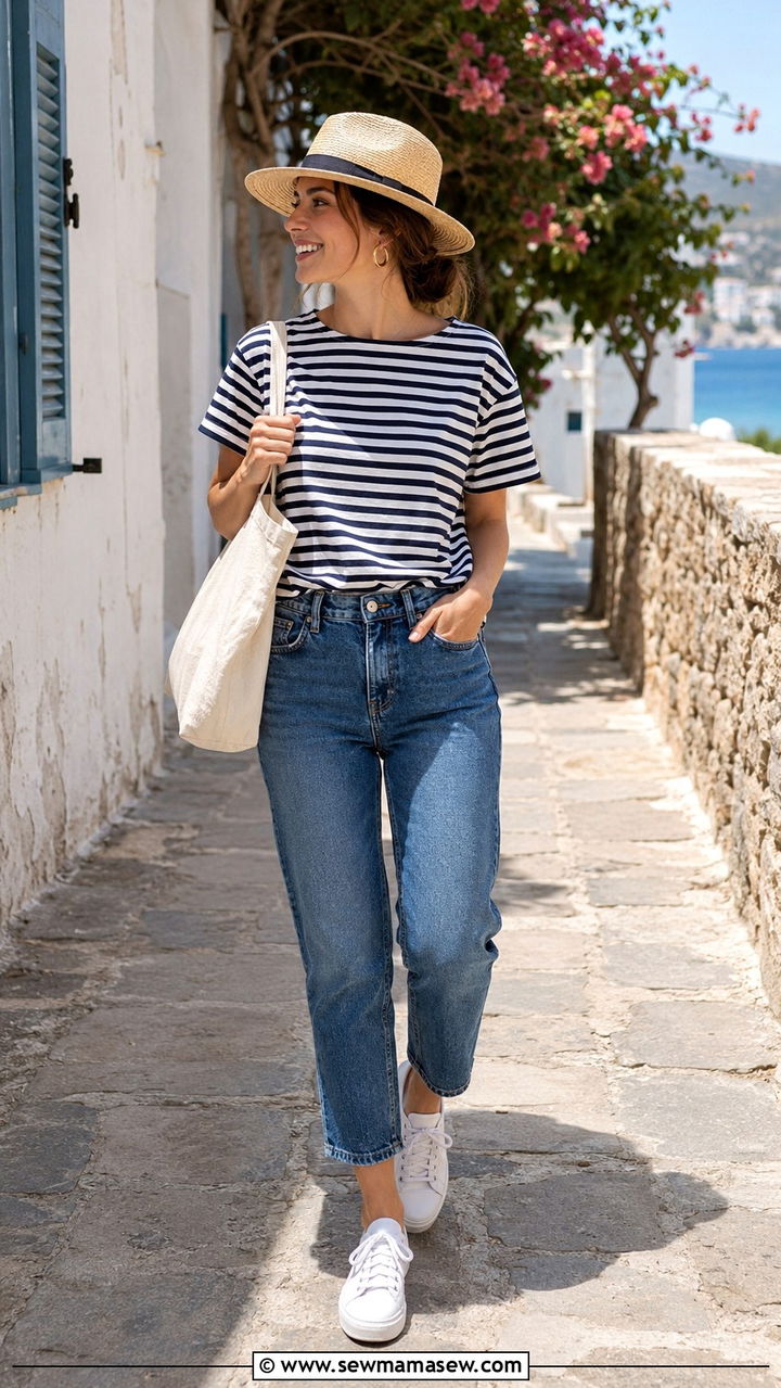 Breton Stripe Tee With Cropped Jeans And Canvas Tote - 20 coastal grandmother outfits aesthetic