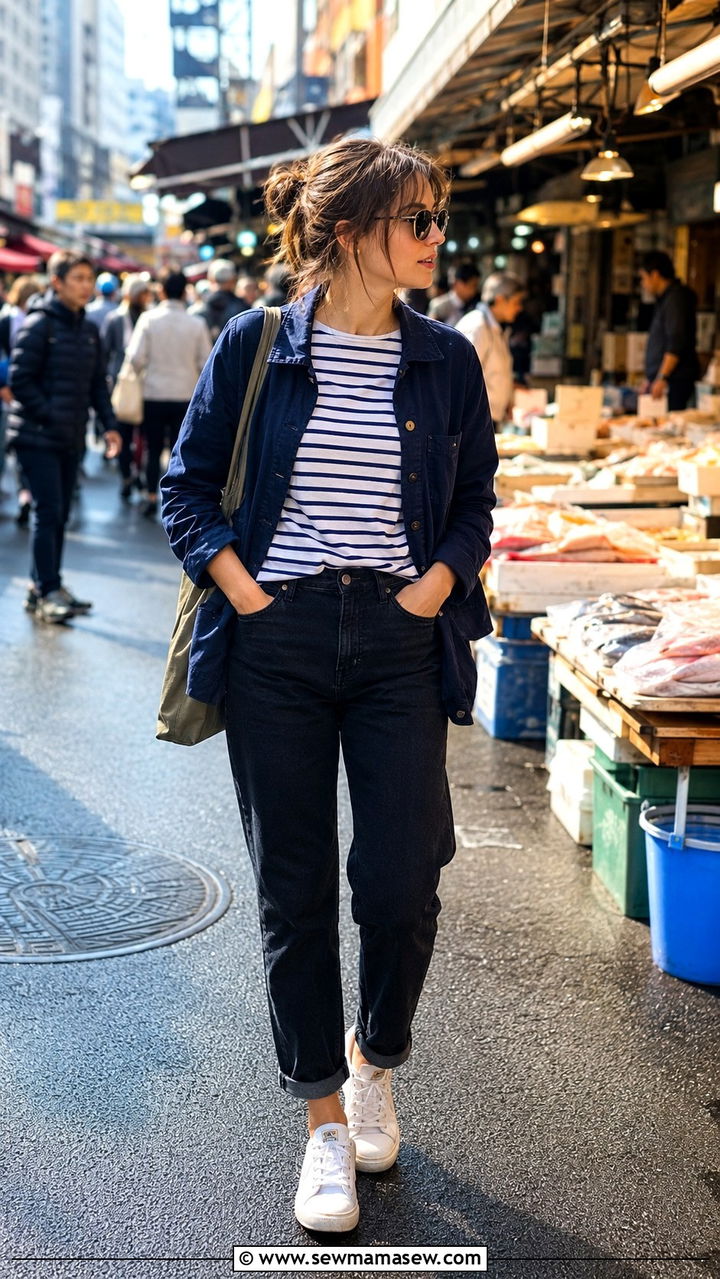 Breton Stripe Tee With Navy Utility Jacket And Dark Jeans - 30 Tokyo vacation outfit ideas