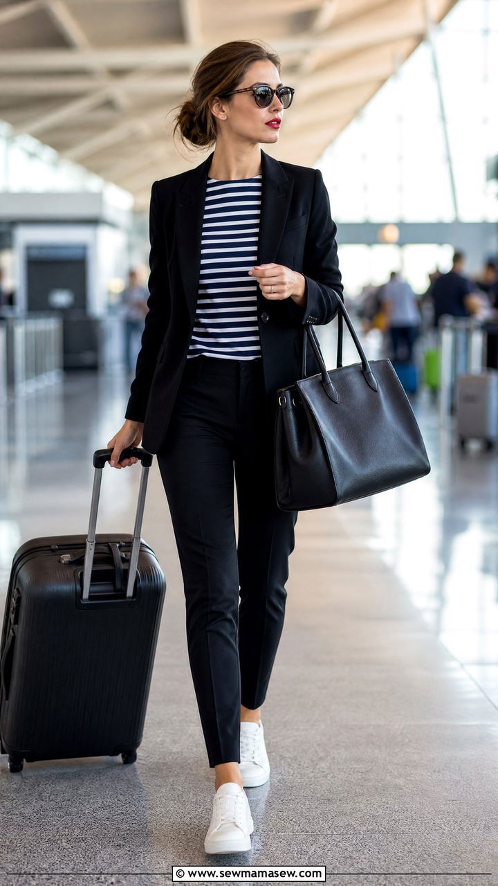 Breton Stripe Tee With a Blazer Outfit - 30 Elegant airport outfit ideas